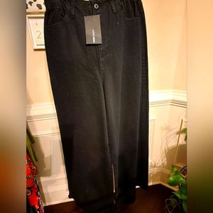 Paper bag waist denim wide leg pants